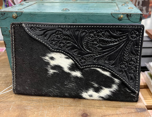 Hand Tooled Cowhide + Leather Wallet - Black