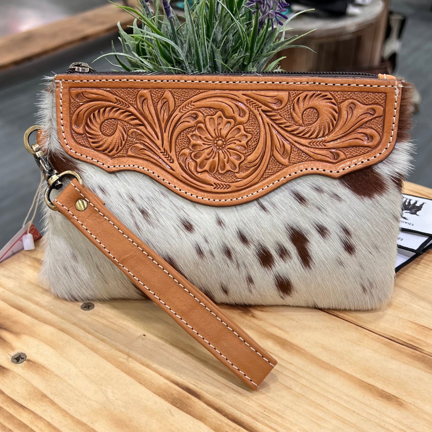 Hand Tooled Cowhide Clutch - Tan