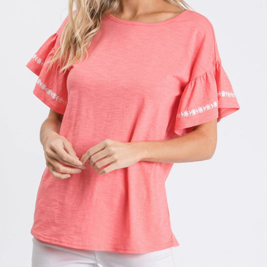 Coral Embroidered Top