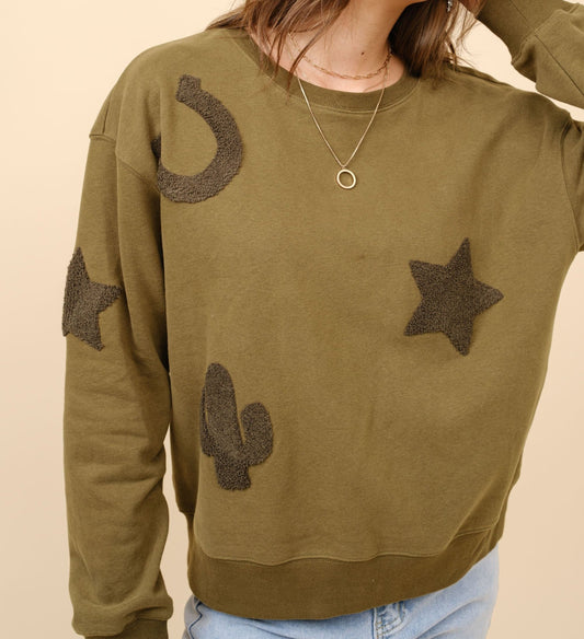 Western Patchwork Sweatshirt - Olive