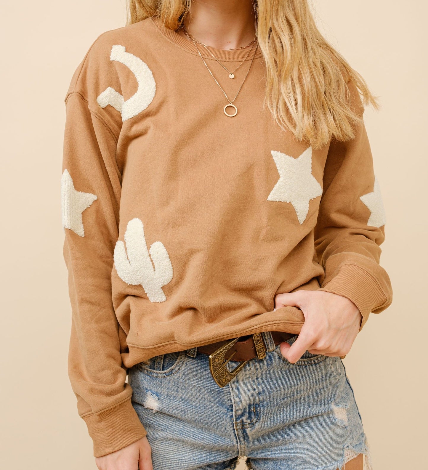 Western Patchwork Sweatshirt - Tan