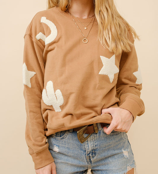 Western Patchwork Sweatshirt - Tan